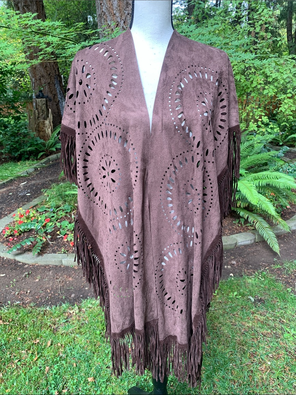 Women's Fringe Open Front Wrap Chocolate Brown NWOT